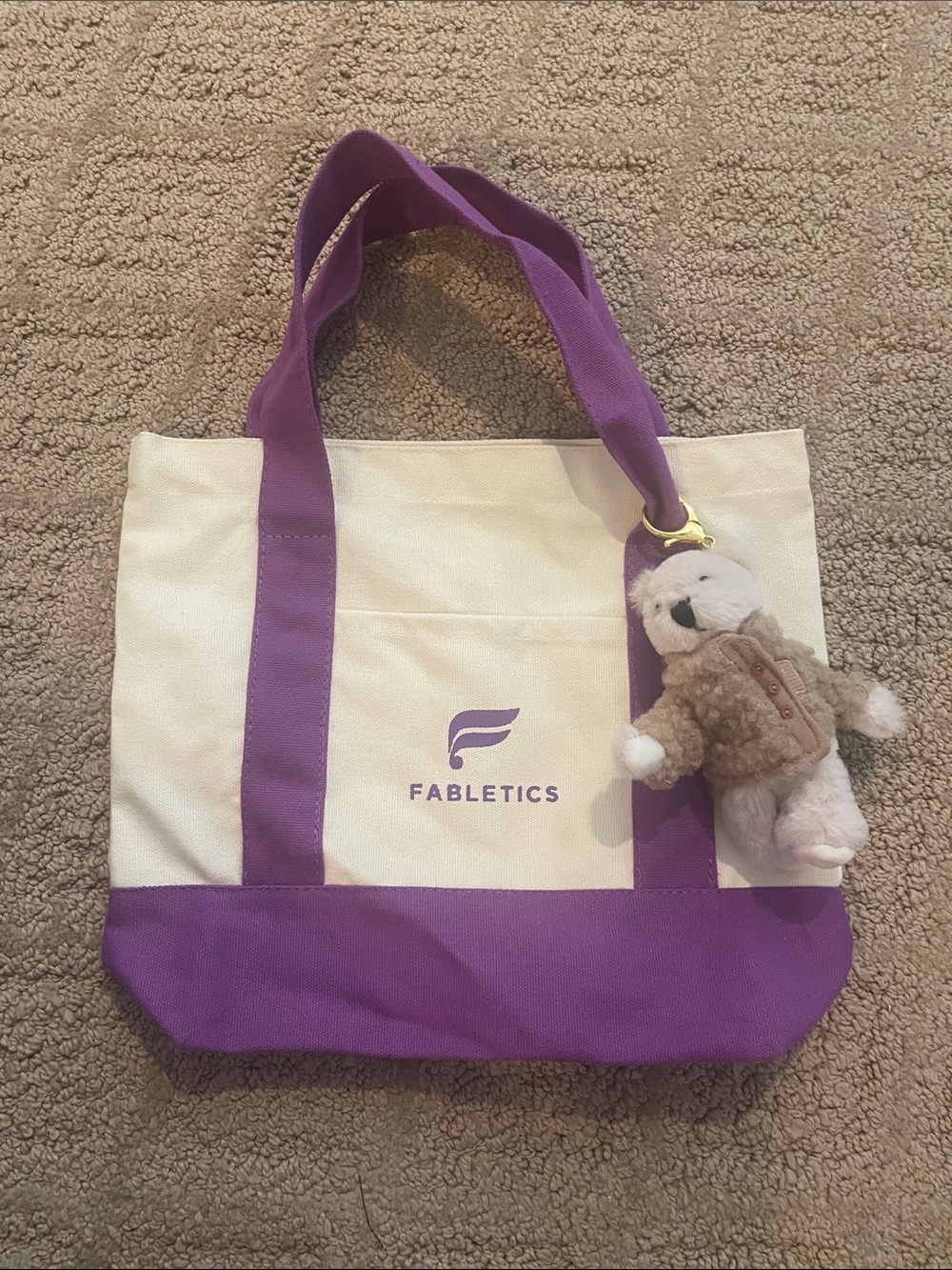 Fabletics Cream and Purple Canvas Tote with Plush Charm